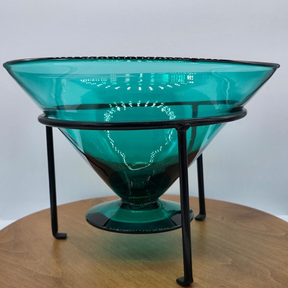Blenko Teal Hand Blown Glass Footed Bowl with Black Metal Stand Vintage Decor